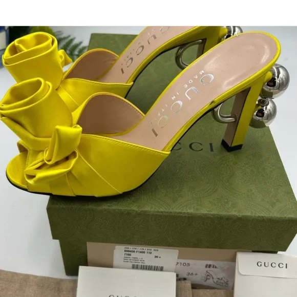 Gucci Women's Yellow Bow satin Heeled sandals ! Size 6.5